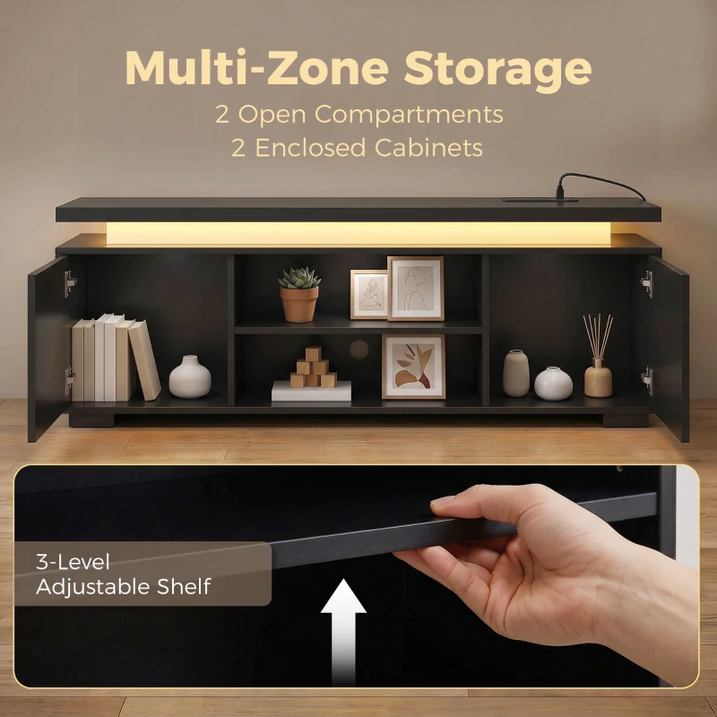 HOMCOM TV Stand for TVs up to 60 Inch, Modern Entertainment Center with LED Lights and Power Outlets, High Gloss Black