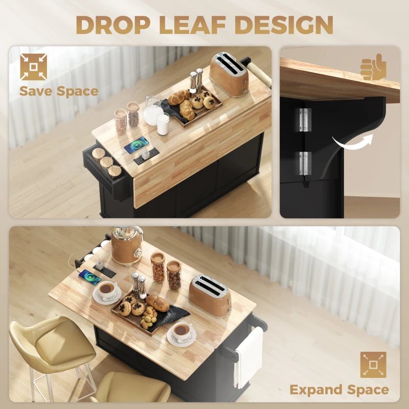 HOMCOM Kitchen Island on Wheels with Drop Leaf, Charging Station, Rolling Kitchen Cart with Wood Top, Adjustable Shelf, Black