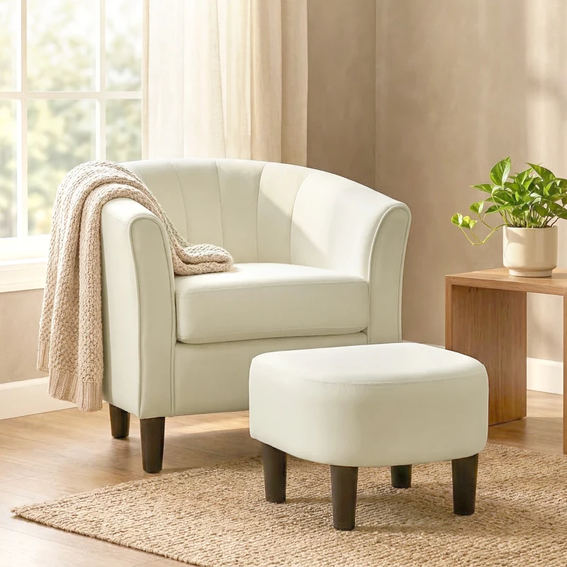 HOMCOM Accent Chair Modern Upholstered Living Room Chair with Ottoman and Pocket Spring Cushion Cream White