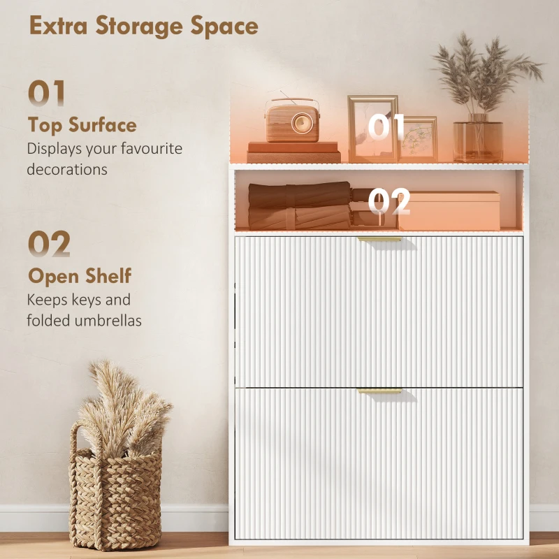 HOMCOM Shoe Cabinet with 2 Flip Drawers Narrow Shoe Storage Cabinet with Top Shelf for Entryway Hallway White