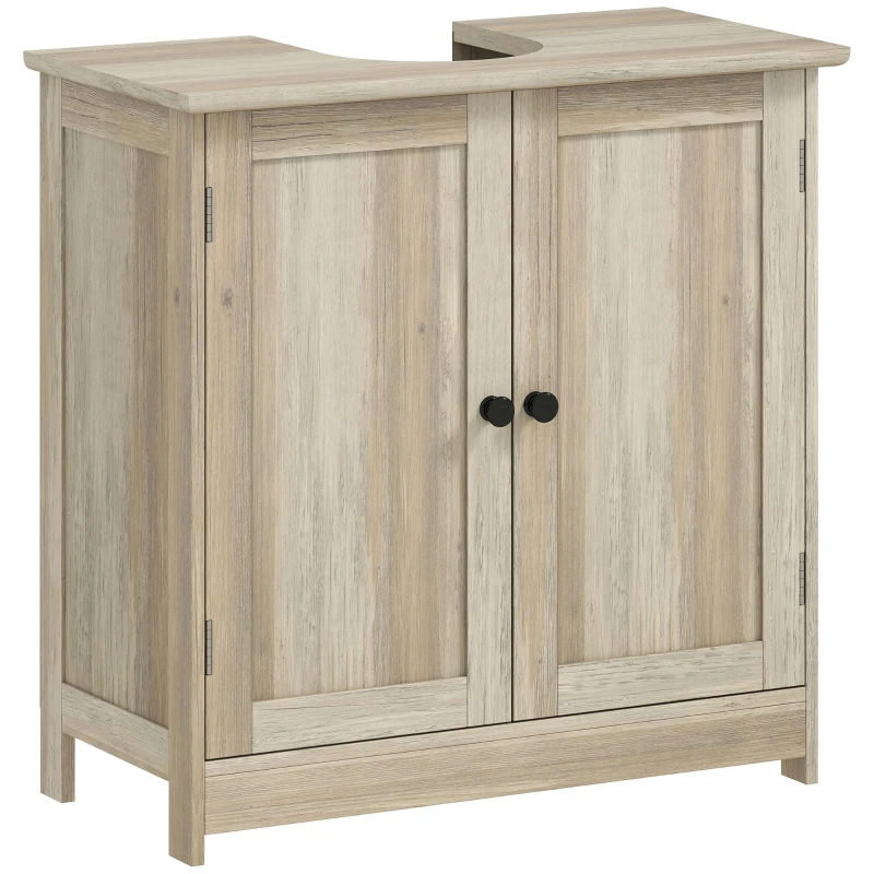 HOMCOM Bathroom Vanity Cabinet, Under Sink Bathroom Cabinet with 2 Doors and Adjustable Shelf, Weathered Gray Oak