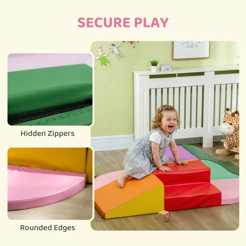 Qaba 6-Piece Soft Play for 12-36 Months Toddlers to Climb, Crawl, Slide, Red, Pink