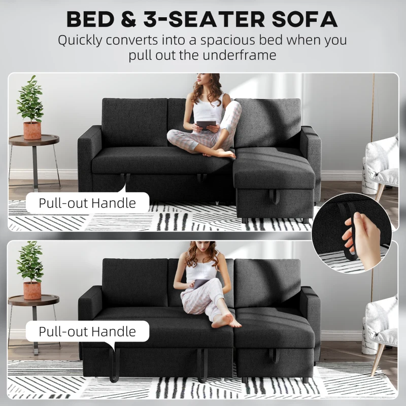 HOMCOM 83" Sofa Bed, Pull Out Sleeper L Shaped Sectional Couch with Reversible Storage Chaise, Wide and Deep Seat, Black