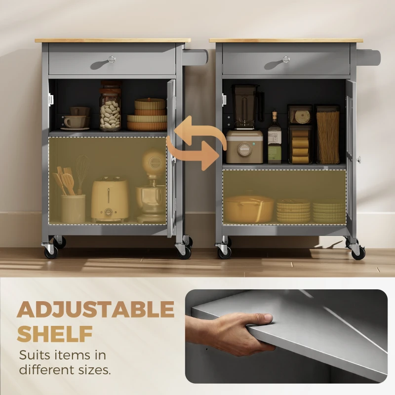HOMCOM Rolling Kitchen Cart with Drawer and Glass Door Cabinet, Kitchen Island on Wheels with Towel Rack, Dark Grey