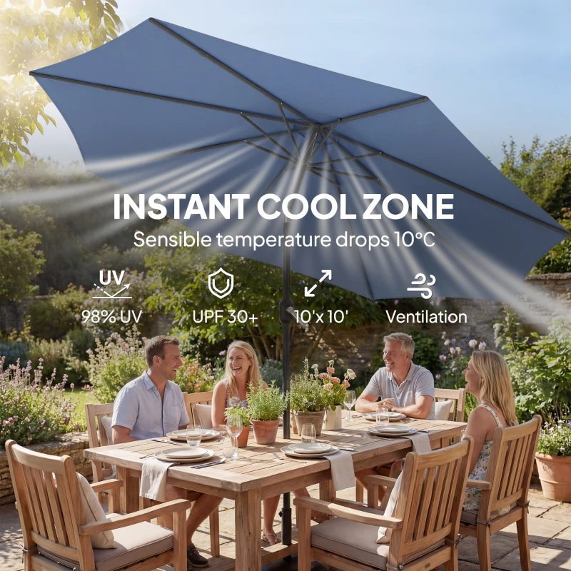 Outsunny 10' x 10' Round Market Umbrella with Base and Sandbag, Patio Umbrella with Crank Handle and Tilt, Blue