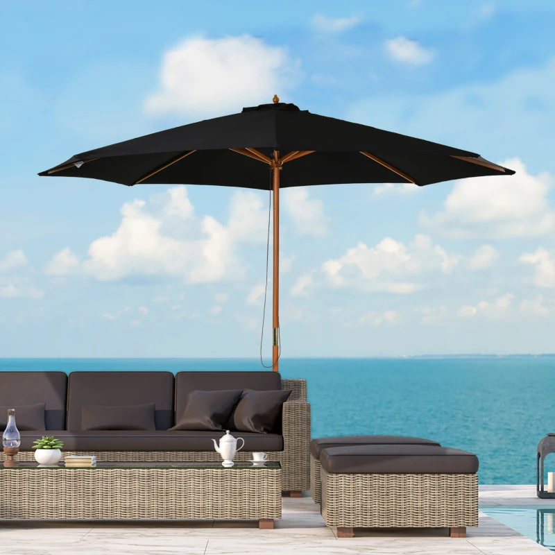 Outsunny 10' x 8' Wooden Patio Umbrella, Garden Parasol, Outdoor Sunshade Canopy with Bamboo Rib for Outdoor, Black