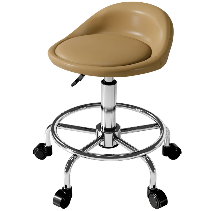 HOMCOM PU Leather Rolling Stool, Height Adjustable Swivel Salon Chair with Backrest and Foot Rest for Spa, Tattoo, Light Brown