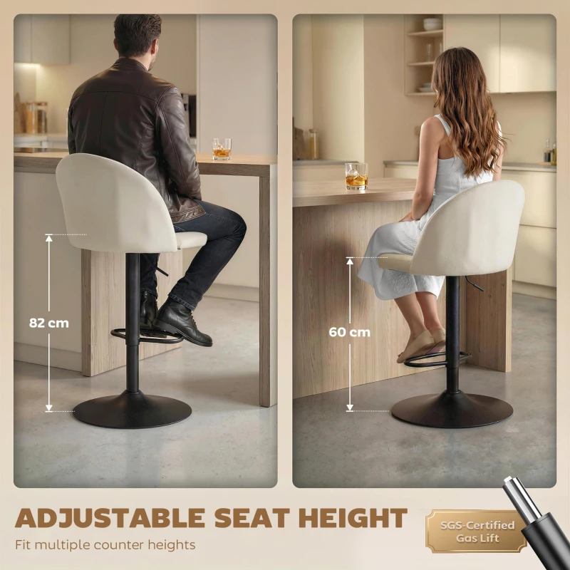 HOMCOM Bar Stools Set of 2, Swivel Counter Height Barstools with Footrest, Cream White