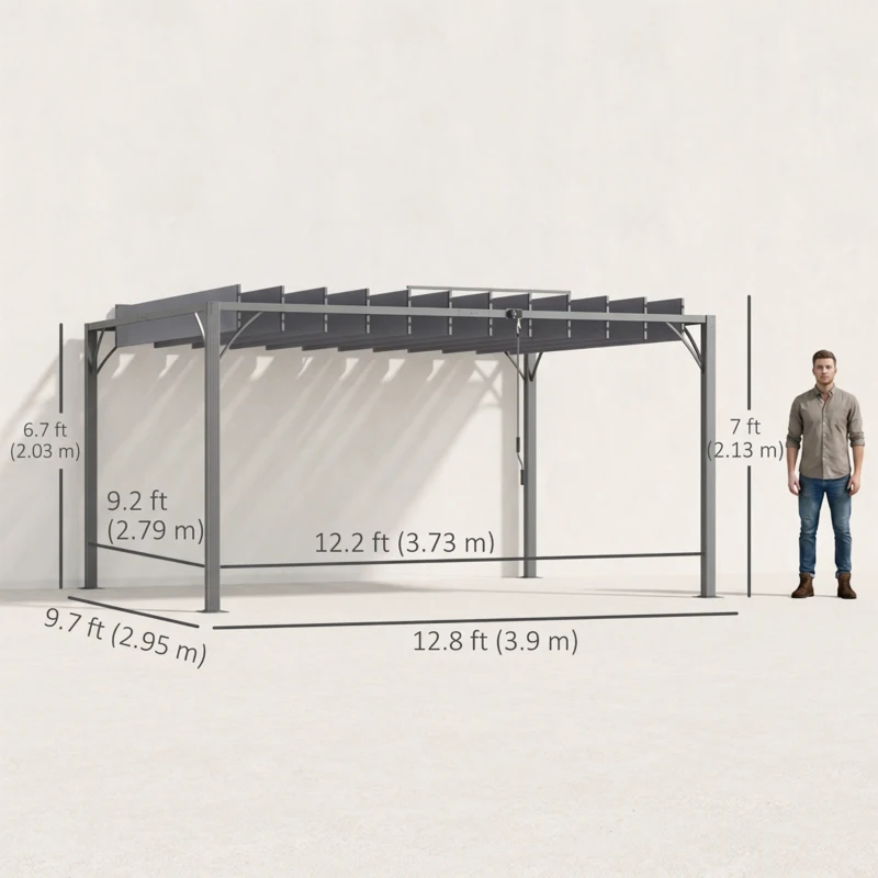 Outsunny 12.8' x 9.7' Outdoor Pergola with Retractable Roof, Aluminium Louvered Pergola Canopy Gazebo for Lawn Garden Patio, Grey