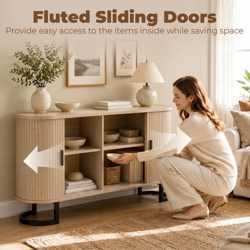 HOMCOM Fluted Sideboard Buffet Cabinet, 55" Modern Coffee Bar Cabinet with Sliding Doors and Adjustable Shelves, Natural