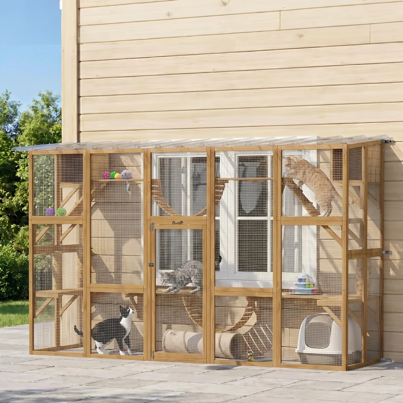 PawHut Catio Playground Cat Window Box Outside Enclosure for Multiple Cats w/ Shelves & Bridges, Yellow