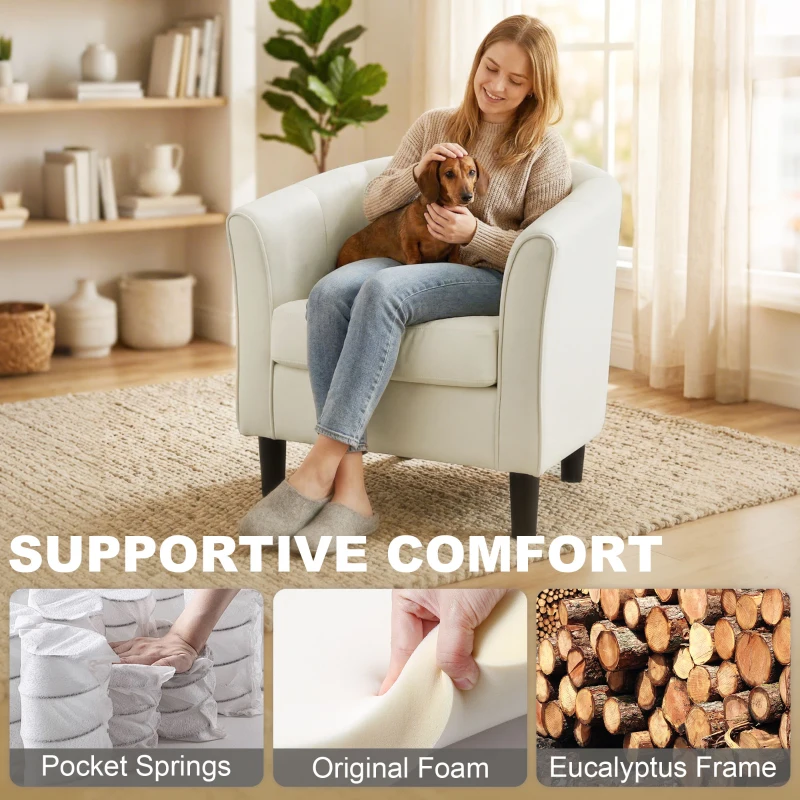 HOMCOM Accent Chair Modern Upholstered Living Room Chair with Ottoman and Pocket Spring Cushion Cream White
