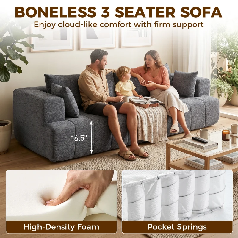 HOMCOM 3 Seater Sofa, Chenille Boneless Cloud Couch with Thick Spring Cushion, Wide and Deep Seat, Wide Armrests, Grey