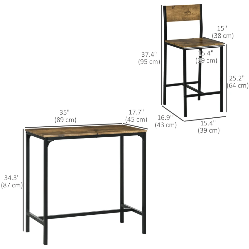 HOMCOM Industrial Bar Table Set Counter Height 3 Piece and 2 High Back Stools Set Dining Table Set Rustic Brown