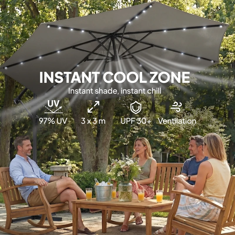 Outsunny 9.7 ft Cantilever Patio Umbrella with Solar Light, Garden Hanging Parasol with Cover, Tilt, Crank, Grey