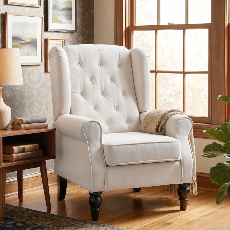 HOMCOM Button-Tufted Accent Chair with High Wingback, Rounded Cushioned Armrests and Thick Padded Seat, Cream White