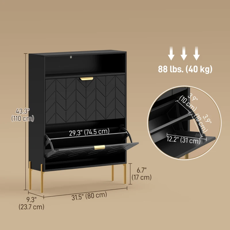 HOMCOM Shoe Cabinet with 2 Flip Drawers, Modern Narrow Shoe Storage Cabinet with Open Compartment, Adjustable Shelves, Black