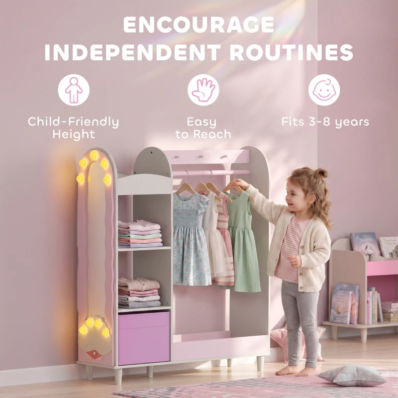 Qaba Kids Clothing Rack, Kids Wardrobe with Glowing Lights Mirror, Non-Woven Drawer and Shelves for Bedroom, Ages 3-8, Pink