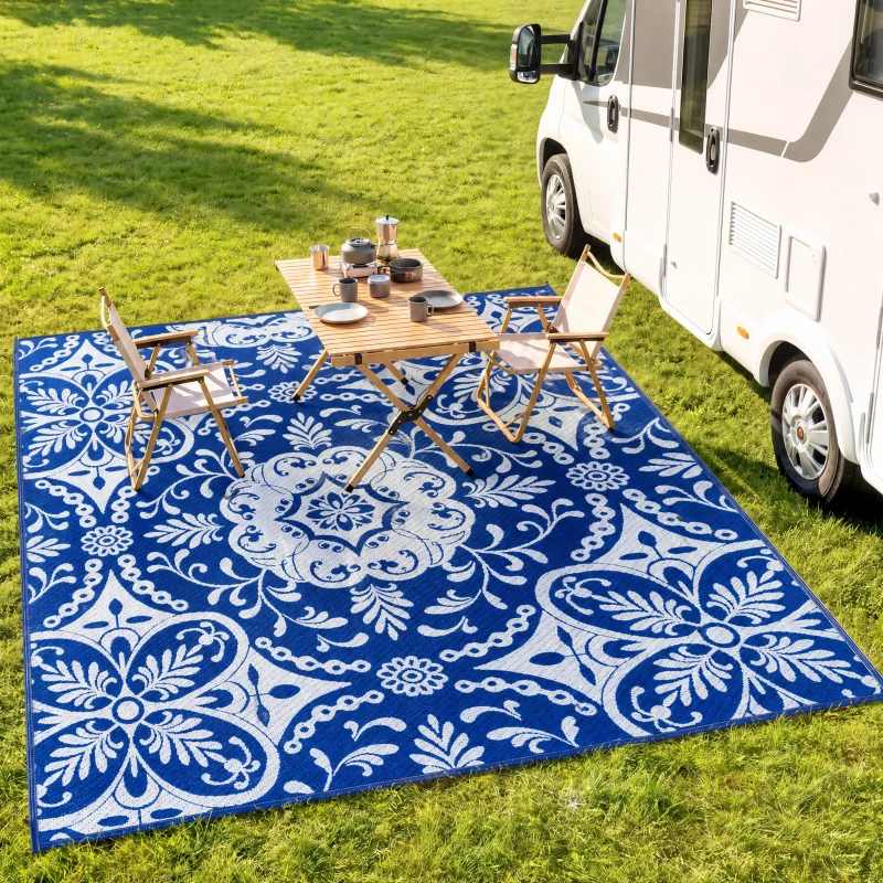 Outsunny Outdoor Rug for Patio, 9' x 12' Waterproof Large Mat, Reversible Plastic Straw Rug for Decor, Portable Outside RV Camping Area Carpet Mat for Backyard Porch Deck Picnic, Blue & White Floral