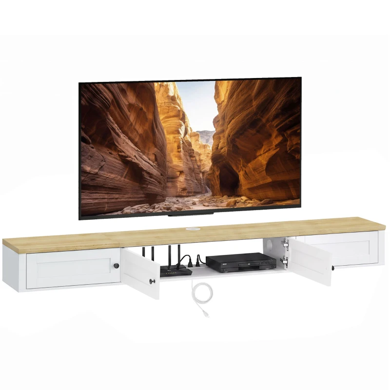 HOMCOM Floating TV Stand for TVs up to 82 Inch, Modern Wall Mounted Media Console with Power Outlets, White