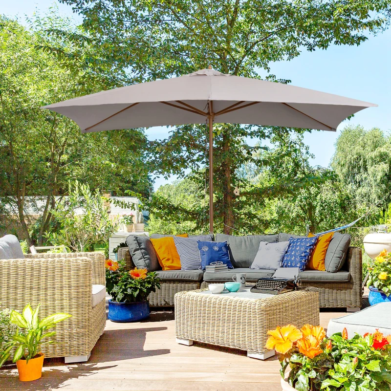 Outsunny 7' x 10' Wooden Patio Umbrella, Rectangle Garden Parasol, Outdoor Sunshade Canopy with Bamboo Ribs for Garden, Grey