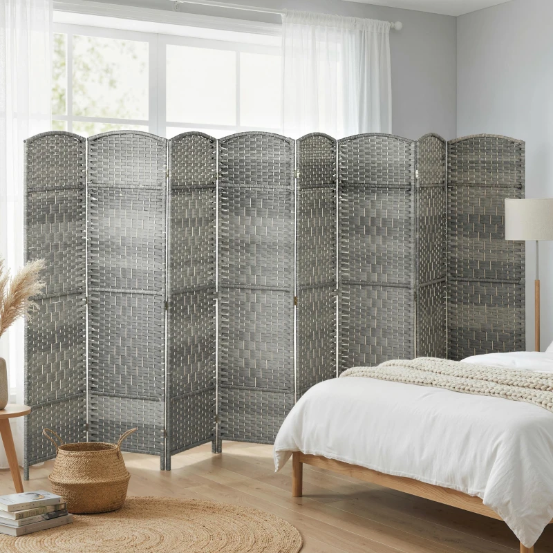 HOMCOM 6 Ft Tall Folding Room Divider, 8 Panel Portable Privacy Screen, Hand-Woven Partition Wall Divider, Mixed Grey
