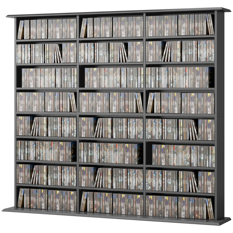 HOMCOM Media Storage Cabinet, 8-Tier DVD Shelf with 18 Adjustable Shelves, Holds 1032 CDs, 594 DVDs or Blu-rays, Black