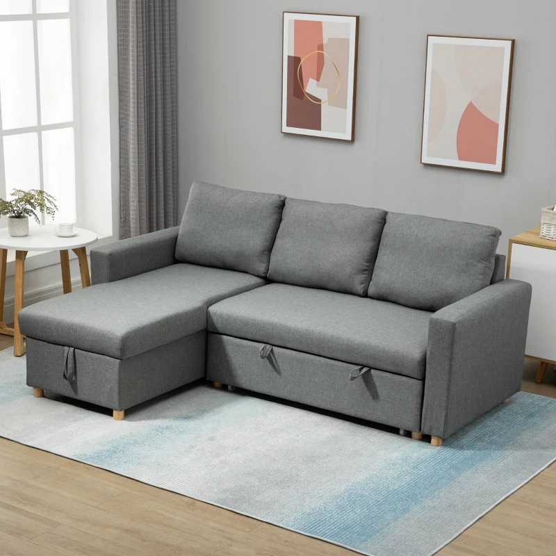 HOMCOM 83" Sofa Bed, Pull Out Sleeper L Shaped Sectional Couch with Reversible Storage Chaise, Wide and Deep Seat, Light Grey