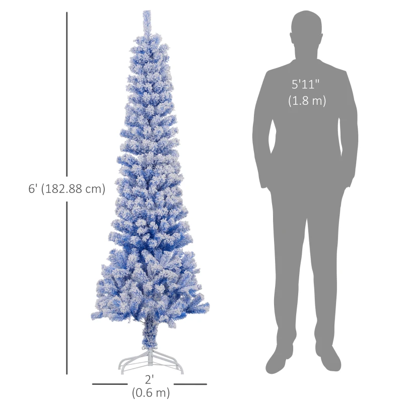 HOMCOM 6ft Flocked Christmas Tree, Pencil Christmas Tree with Realistic Branch Tips, Folding Metal Stand, Blue