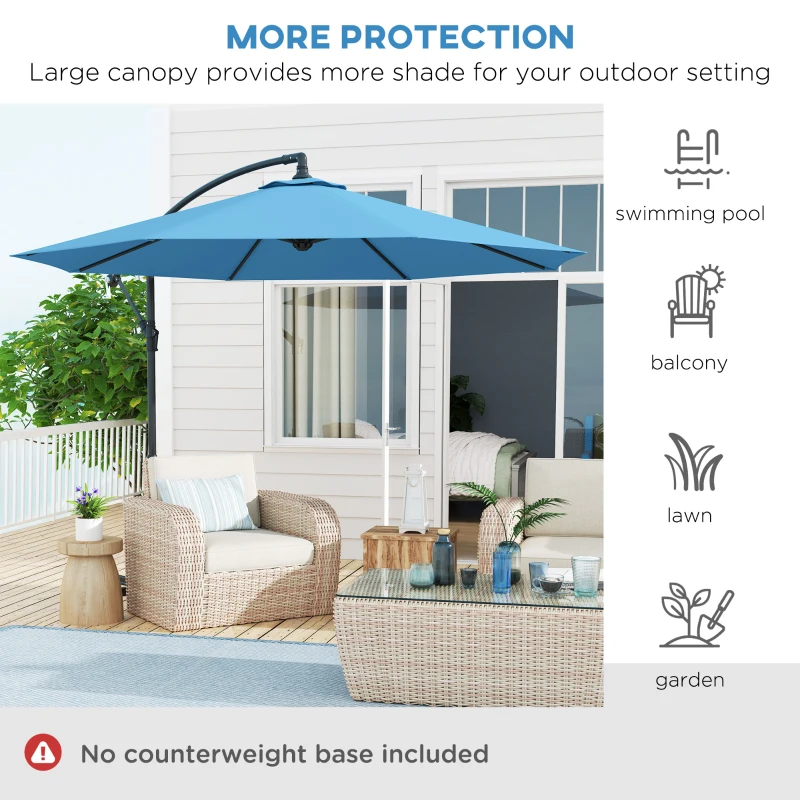 Outsunny 10' Deluxe Patio Umbrella, Outdoor Market Parasol, Banana Hanging Offset Sunshade with Crank, Cross Base, Blue