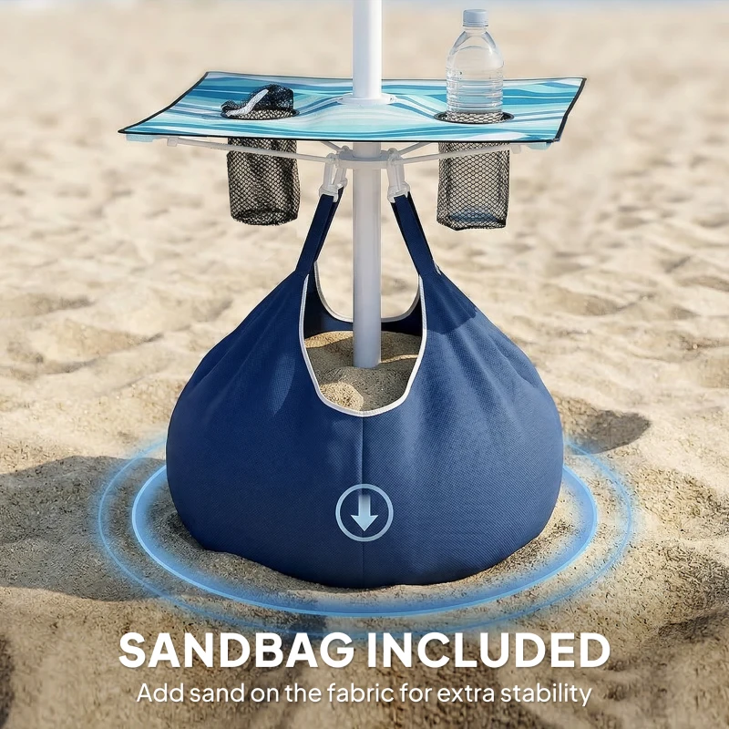 Outsunny 6 ft Portable Beach Umbrella with Foldable Table, Tilting Outdoor Sun Shade with Sand Anchor, Sandbag, Dark Blue
