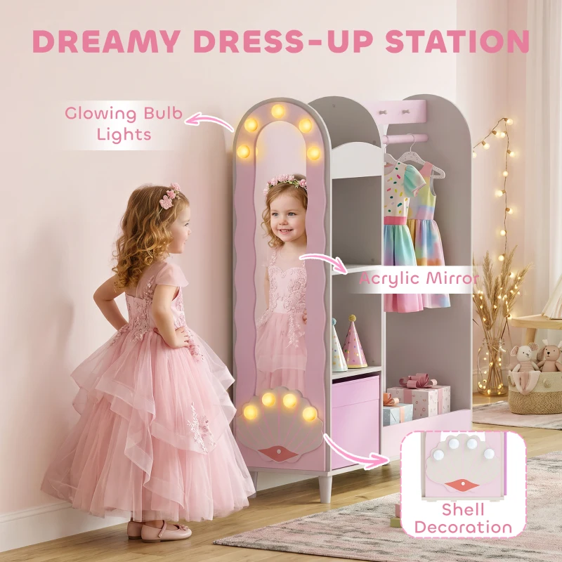 Qaba Kids Clothing Rack, Kids Wardrobe with Glowing Lights Mirror, Non-Woven Drawer and Shelves for Bedroom, Ages 3-8, Pink