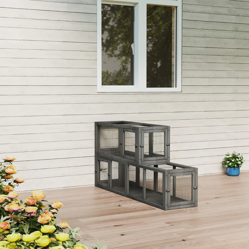 PawHut Wooden 98" Cat Tunnel for Outdoor with Combinable Design, 8 Doors, Dark Gray