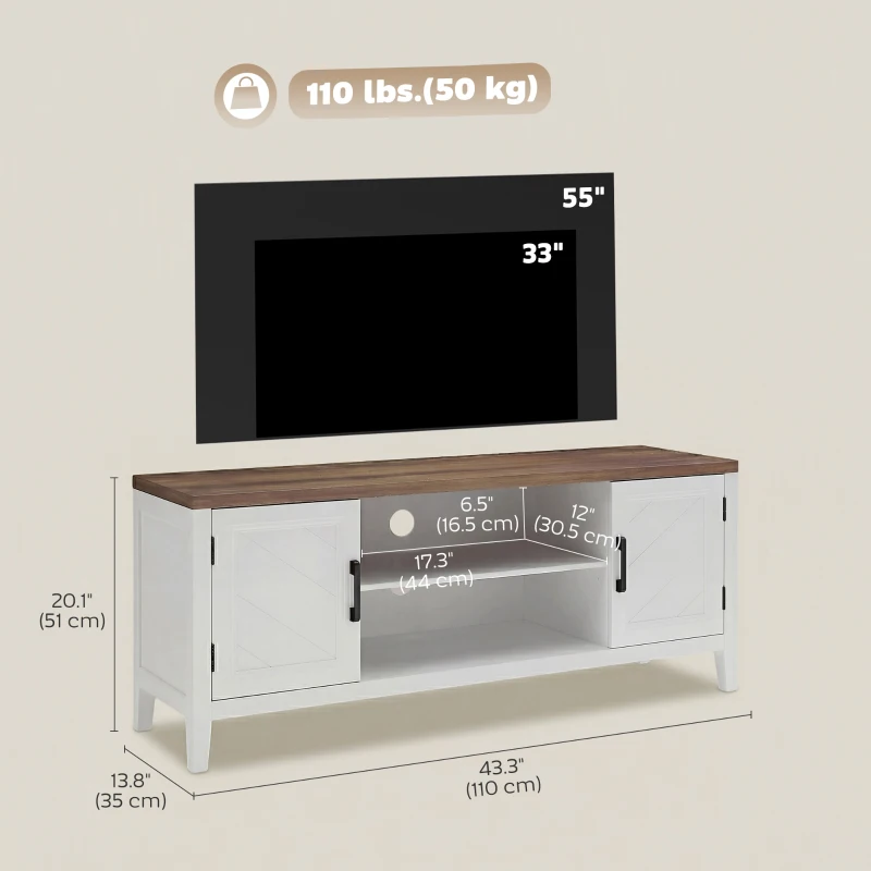 HOMCOM TV Stand for TVs up to 55 Inch, Entertainment Center with 2 Open Shelves, 2 Cabinets, Thick Top, White and Brown