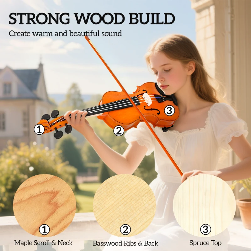 HOMCOM 4/4 Full Size Violin, Wood Acoustic Violin Set for Beginners, Adults, with Case, Rosin, Shoulder Rest, Brown