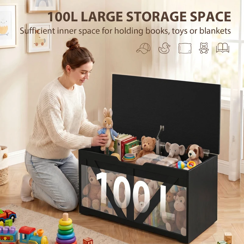 HOMCOM 31.5 Inches Storage Chest, Storage Trunk with Safety Hinge for Living Room, Black Wood Grain