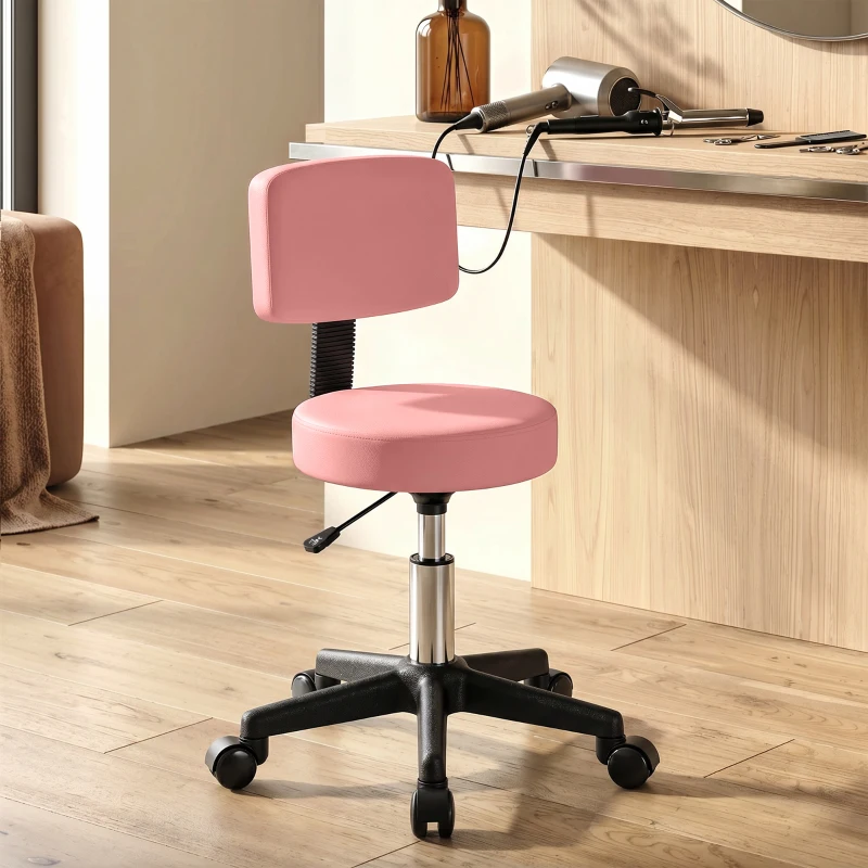 HOMCOM Rolling Stool with Wheels, Swivel Stool with Back Support, Adjustable Height, PU Leather Swivel Chair, Pink