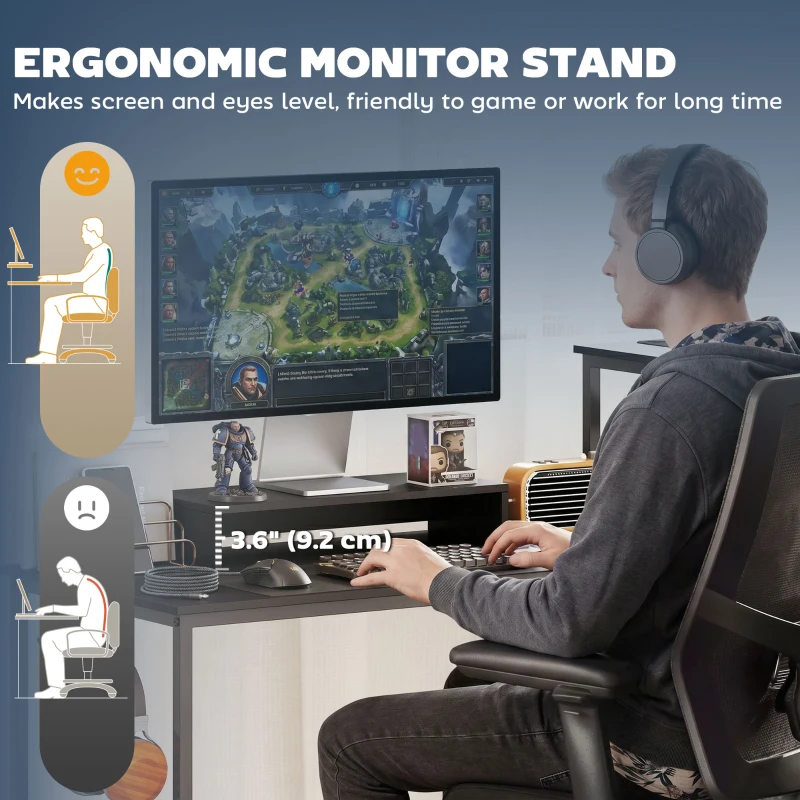 HOMCOM 96 Inch Gaming Desk, Dual Computer Desk for 2 Person with Power Outlets and Monitor Stands, Black