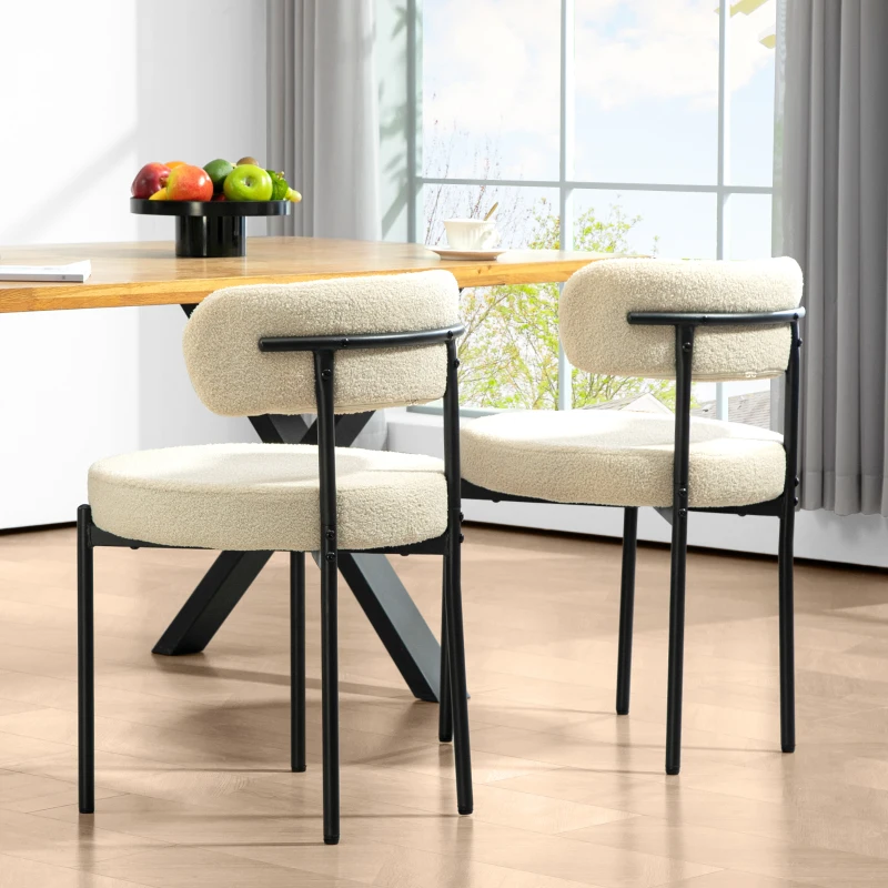 HOMCOM 2 Pieces Kitchen Chairs, Modern Dining Chairs w/ Berber Fleece Upholstery and Steel Legs for Living Room, Beige