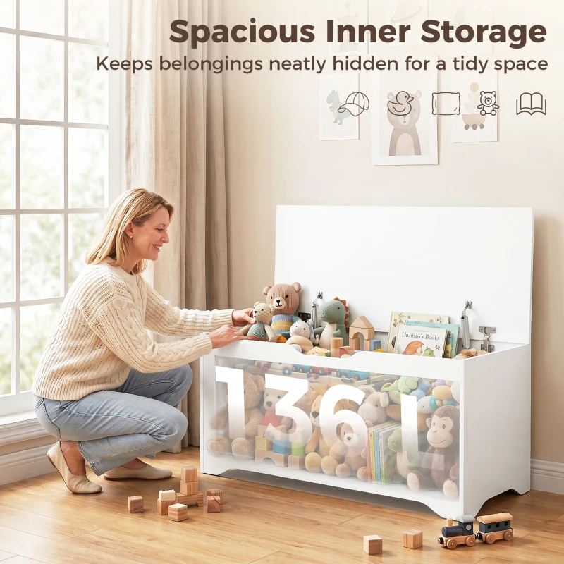 HOMCOM Storage Bench with Lift Top Storage Chest with Safety Hinges for Entryway, Living Room, White