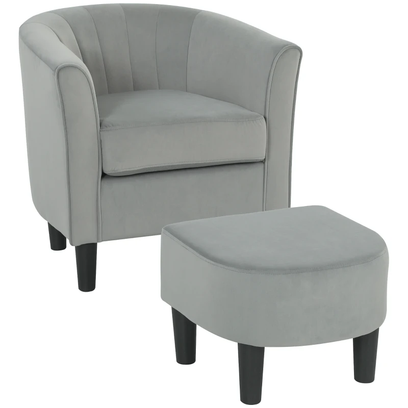 HOMCOM Accent Chair Modern Upholstered Living Room Chair with Ottoman and Pocket Spring Cushion Grey