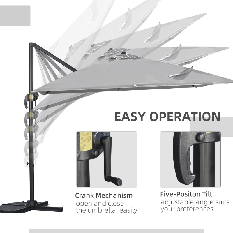 Outsunny 9ft Cantilever Patio Umbrella, Square Overhanging Umbrella with Cross Base, Crank Handle, Tilt Light Grey