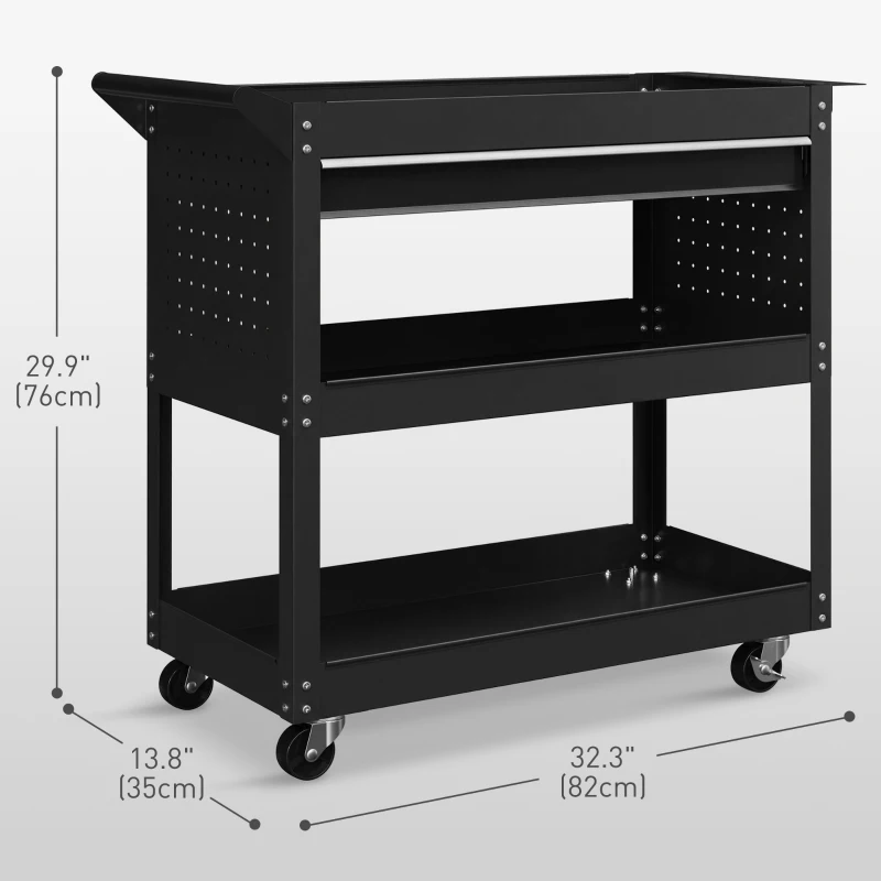 HOMCOM Tool Cart on Wheels, Utility Cart with Wheels, Ball Bearing Drawer, Storage Trays for Garage, Warehouse, Black