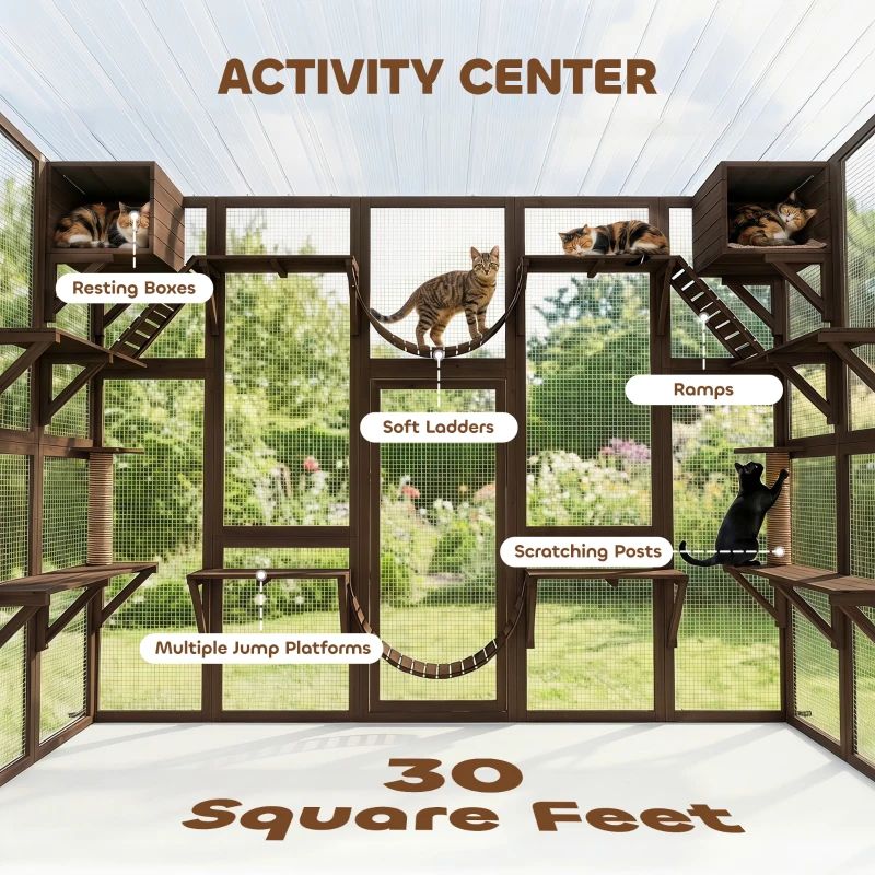 PawHut Catio Playground Cat Window Box Outside Enclosure for Multiple Cats w/ Shelves & Bridges, Coffee Brown