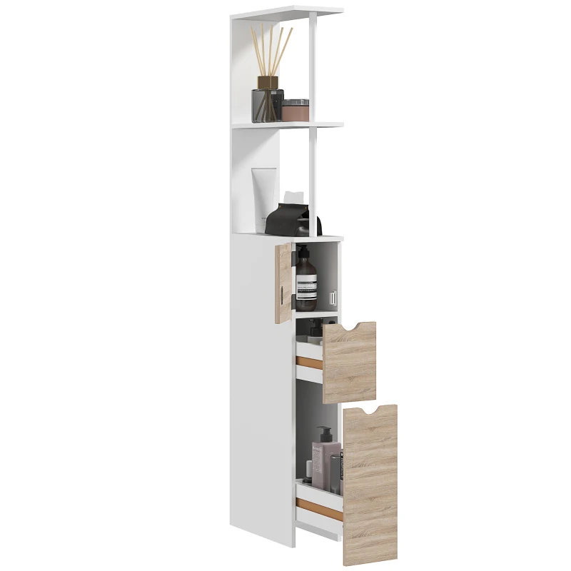 HOMCOM Tall Bathroom Storage Cabinet, Narrow Bathroom Cabinet with Drawers and Open Shelves for Small Spaces, Natural Wood