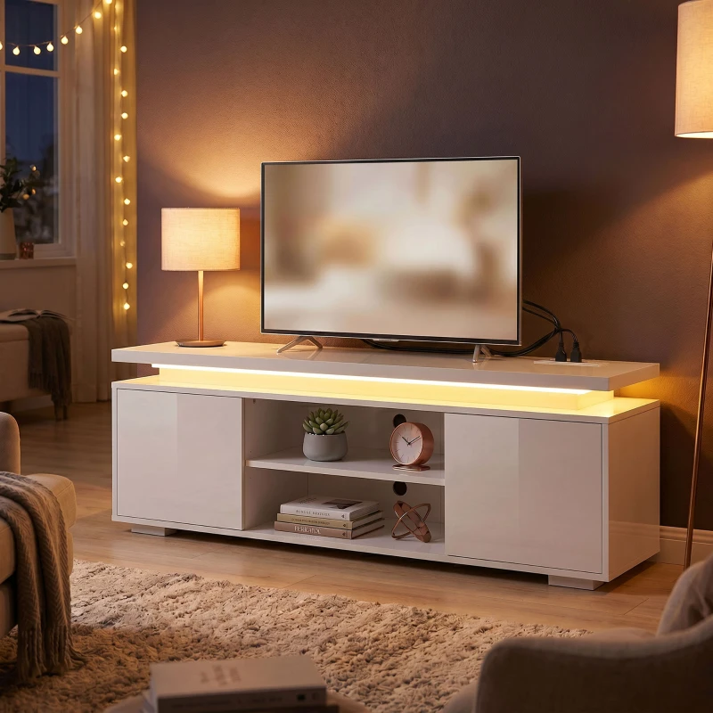 HOMCOM TV Stand for TVs up to 60 Inch, Modern Entertainment Center with LED Lights and Power Outlets, High Gloss White