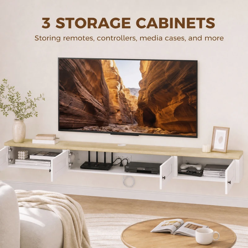 HOMCOM Floating TV Stand for TVs up to 82 Inch, Modern Wall Mounted Media Console with Power Outlets, White