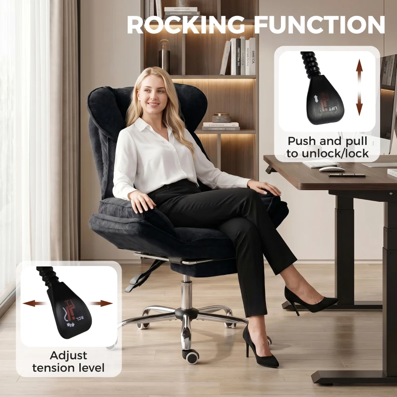 HOMCOM Big and Tall Office Chair Footrest Executive Desk Chair High Back Snowflake Velvet Reclining, Black