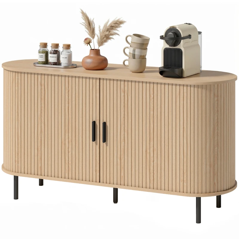 HOMCOM Fluted Sideboard Buffet Cabinet, 55" Mid Century Coffee Bar Cabinet with Sliding Doors and Adjustable Shelves, Natural