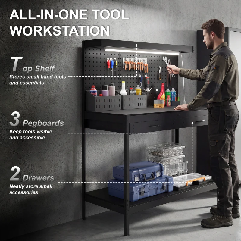HOMCOM Workbench with LED Light and Power Strip, 43" Heavy Duty Work Table with Pegboard and Drawers for Garage Workshop, Black